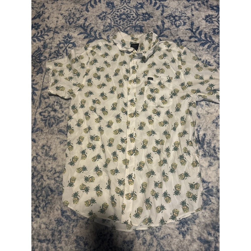 RVCA Mens L Regular Fit Short Sleeve Button Down Short Geometric Print Pineapple